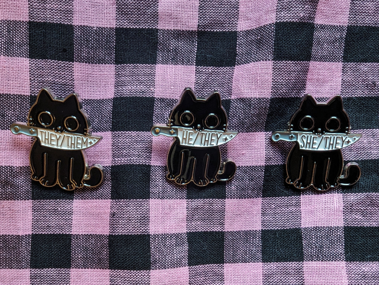 Pronouns Black Cat Stabby Pin Badge