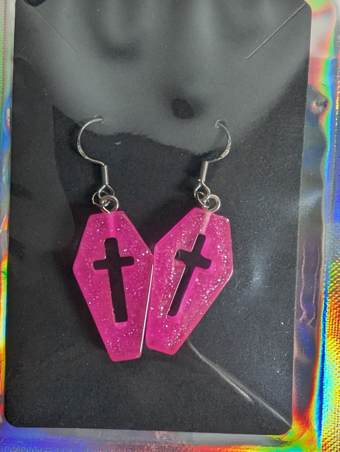 Coffin Cross Glitter Earrings