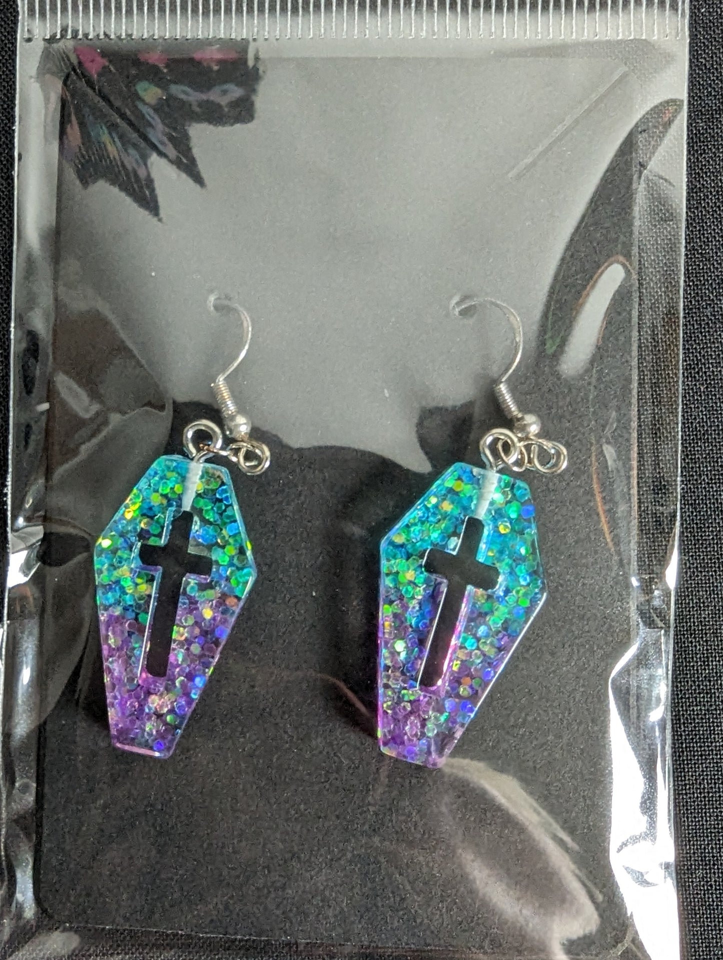 Coffin Cross Glitter Earrings