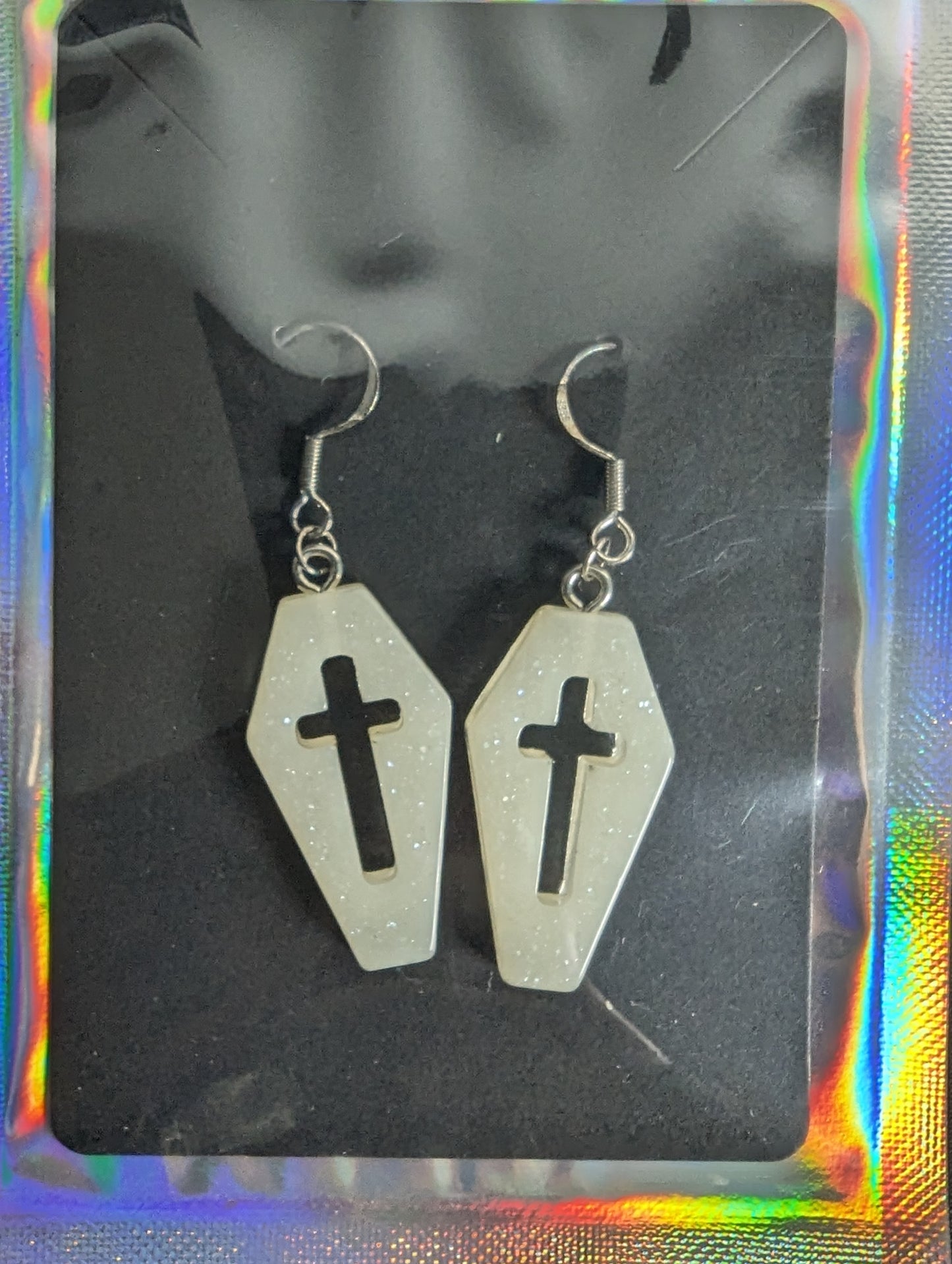 Coffin Cross Glitter Earrings