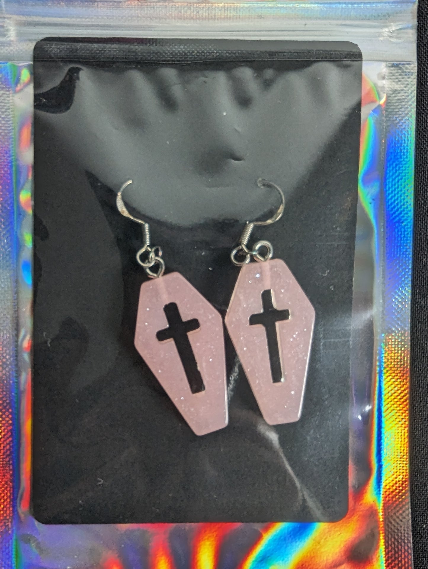 Coffin Cross Glitter Earrings