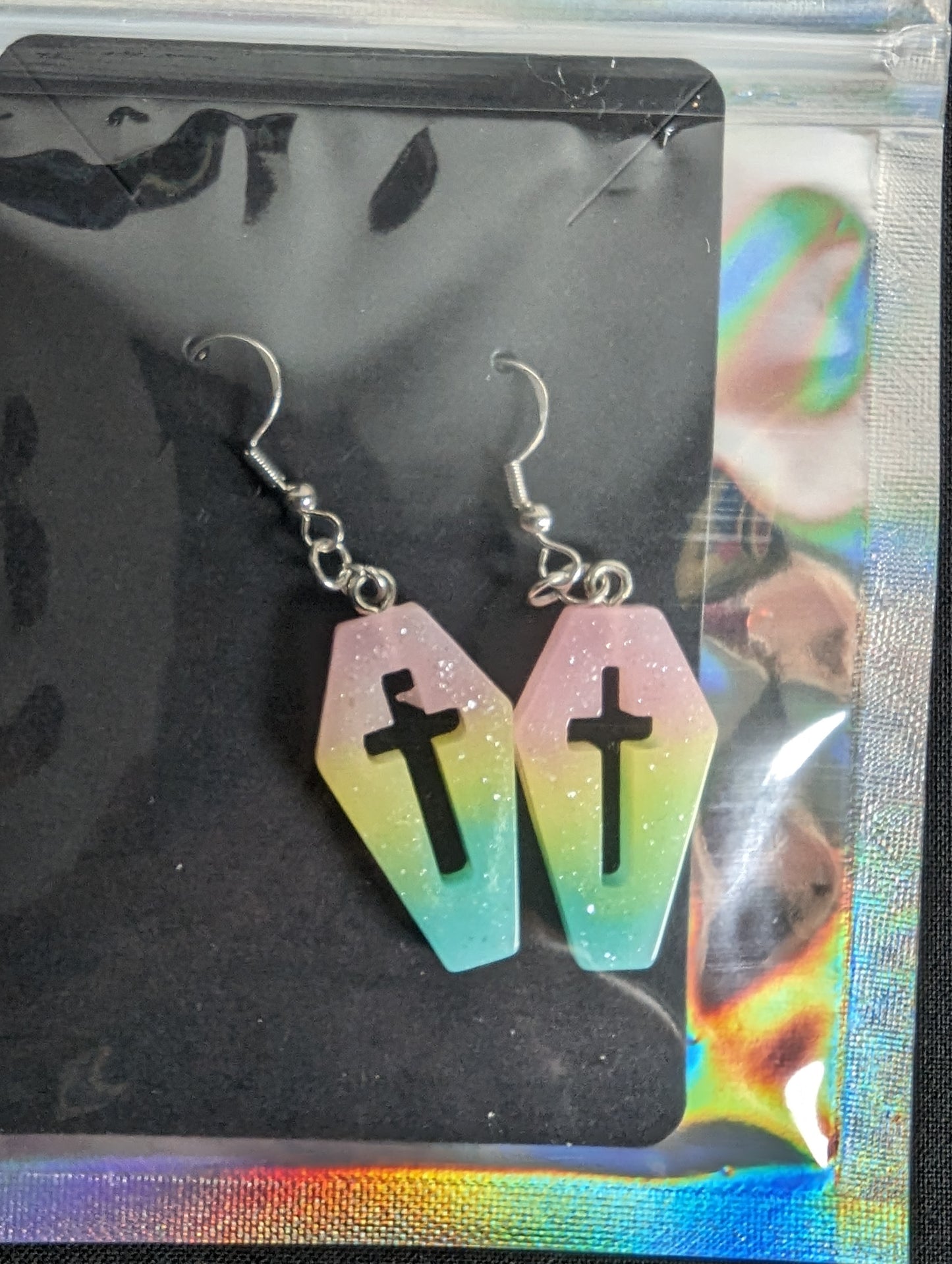 Coffin Cross Glitter Earrings