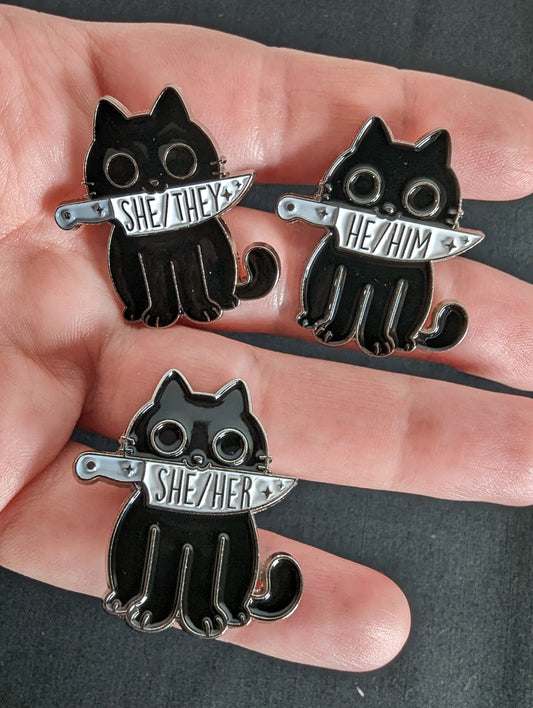 Pronouns Black Cat Stabby Pin Badge